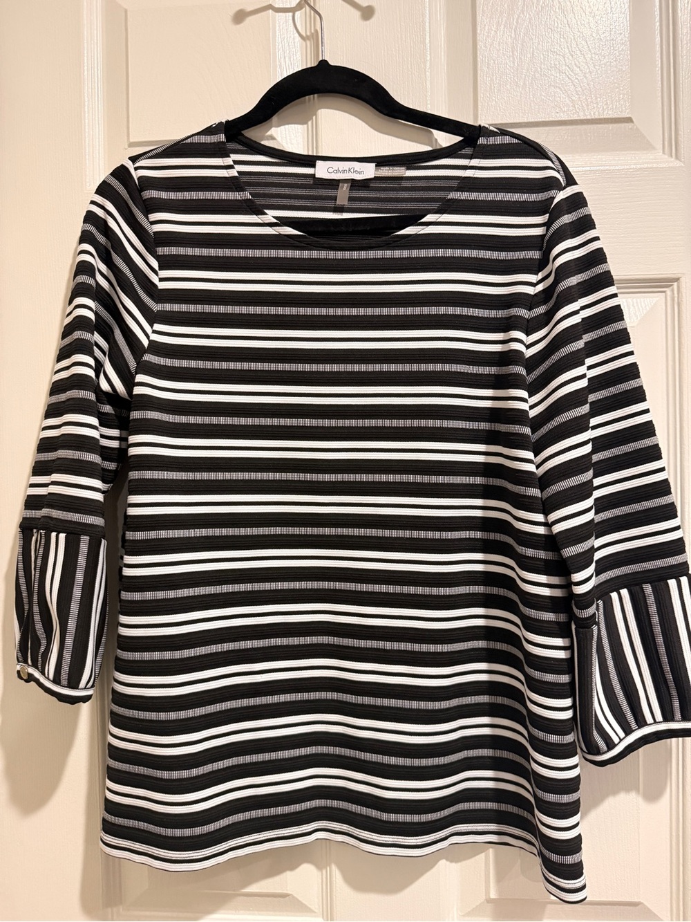 Calvin Klein Black White Striped Bell Sleeve Top Size M